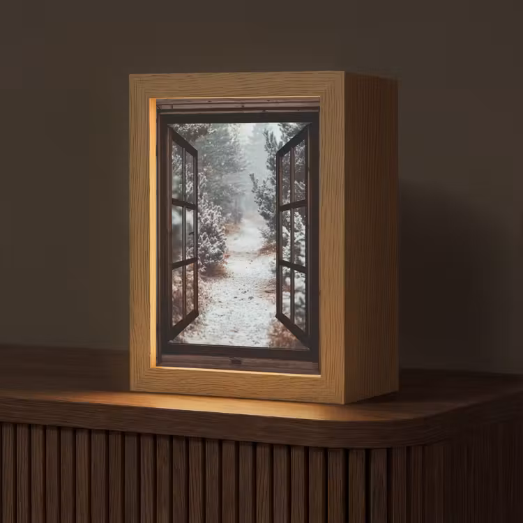 Bos - Winter - Bomen - Natuur - Pad - Doorkijk Light Box met kabel (Tafellamp) klein -z3d_website