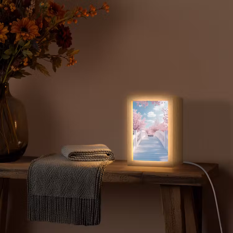 Brug - Kersenbomen - Wit Light Box met kabel (Tafellamp) klein -sfeer4