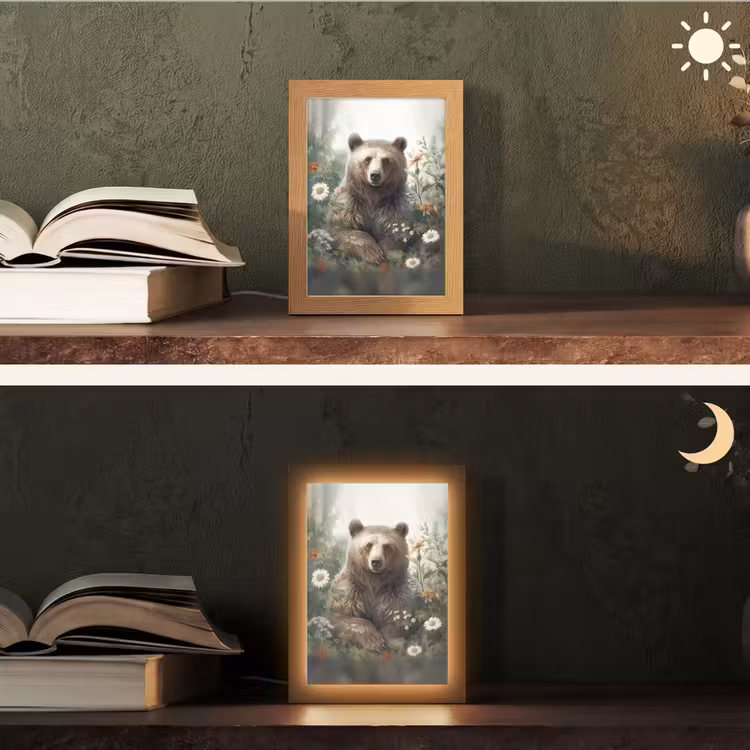 Bruine beer - Wilde dieren - Bloemen - Planten Light Box met kabel (Tafellamp) klein -sfeer3