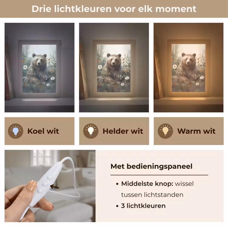 Bruine beer - Wilde dieren - Bloemen - Planten Light Box met kabel (Tafellamp) klein -USP_lichtkleurNL