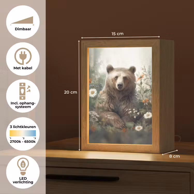 Bruine beer - Wilde dieren - Bloemen - Planten Light Box met kabel (Tafellamp) klein -USP_NL