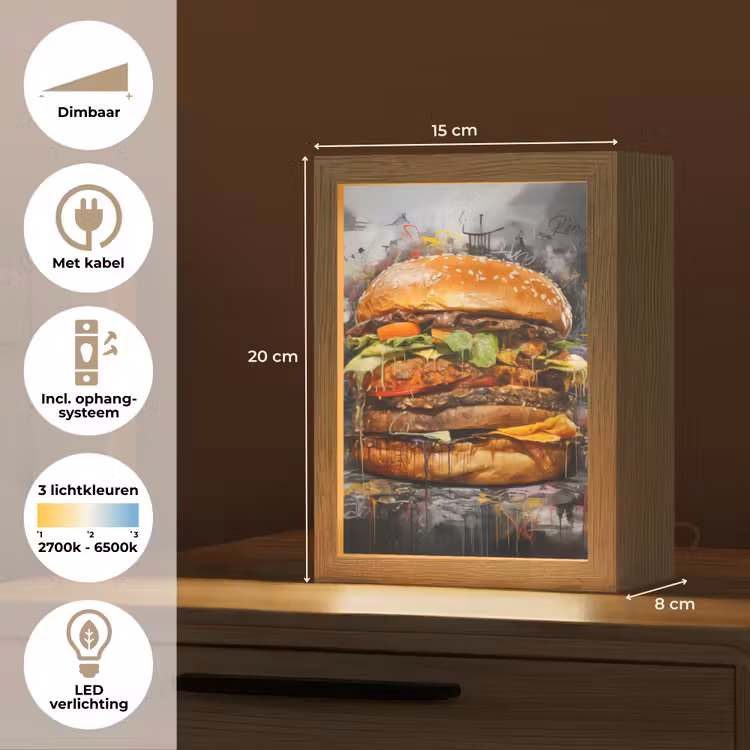 Burger - Eten - Kunst - Grijs - Graffiti Light Box met kabel (Tafellamp) klein -USP_NL