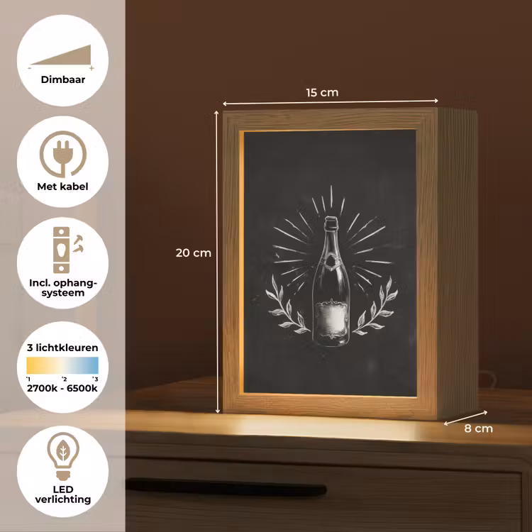 Champagnefles - Lauriertakken - Zwarte achtergrond Light Box met kabel (Tafellamp) klein -USP_NL