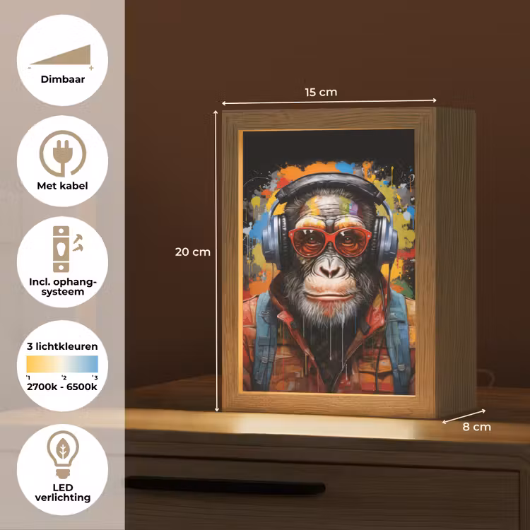 Chimpansee - Aap - dieren - Graffiti - Bril - Koptelefoon - Kleuren Light Box met kabel (Tafellamp) klein -USP_NL