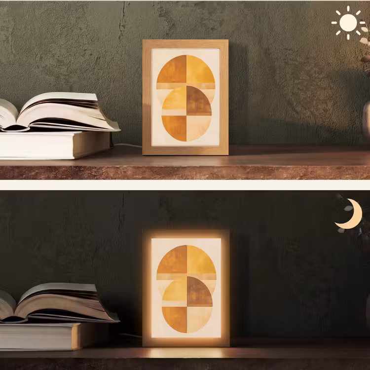 Cirkels - Geel - Minimalistisch Light Box met kabel (Tafellamp) klein -sfeer3