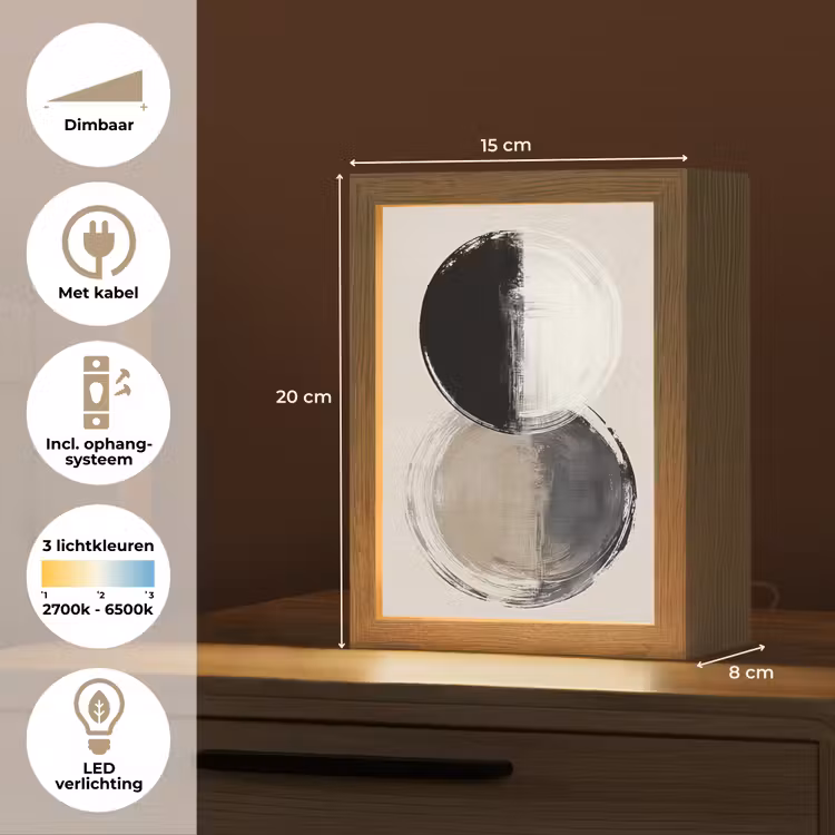 Cirkels - Strepen - Minimalistisch - Zwart Light Box met kabel (Tafellamp) klein -USP_NL