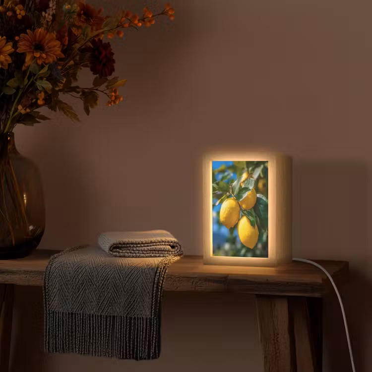 Citroenen - Bladeren - Blauwe lucht Light Box met kabel (Tafellamp) klein -sfeer4