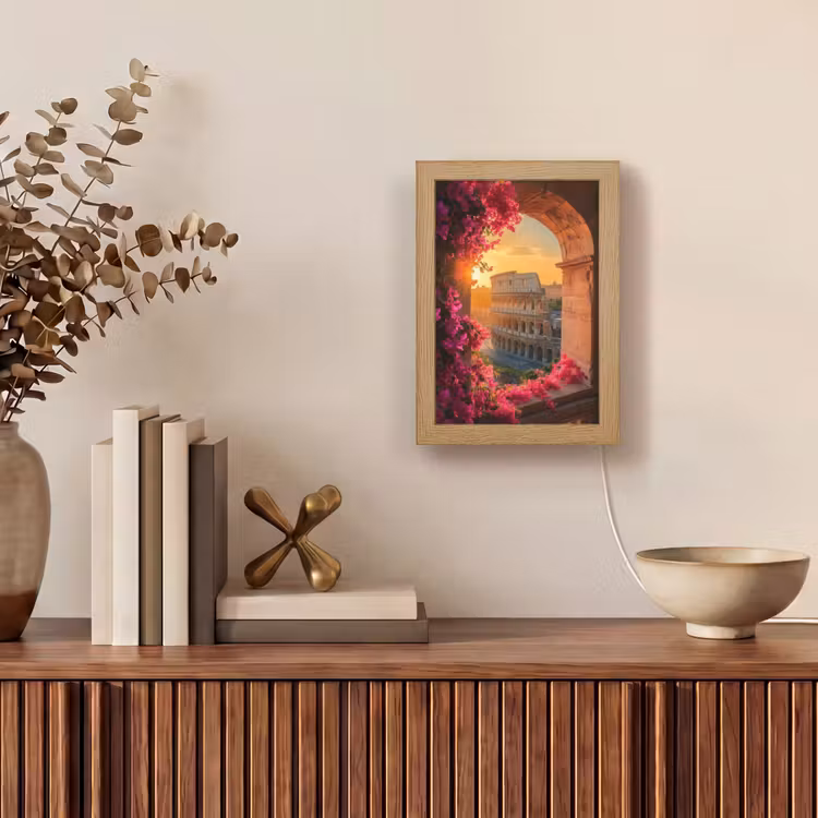Colosseum - Rome - Roze Bloemen Light Box met kabel (Tafellamp) klein -sfeer2