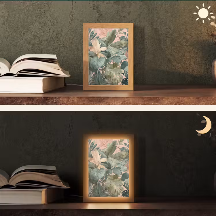 Compositie van bladeren - Groen - Roze Light Box met kabel (Tafellamp) klein -sfeer3