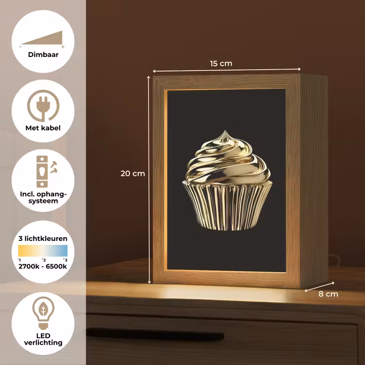 Cupcake - Eten - Goud - Zwart Light Box met kabel (Tafellamp) klein -USP_NL