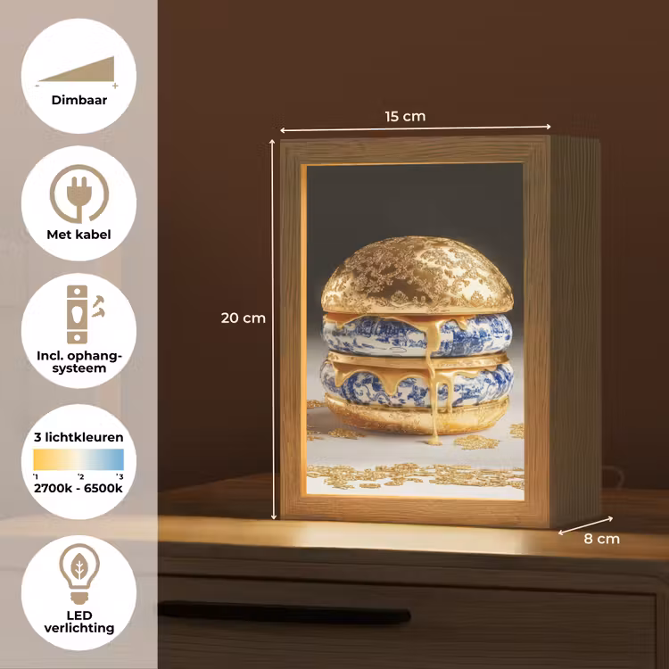 Delftsblauw - Goud - Burger Light Box met kabel (Tafellamp) klein -USP_NL