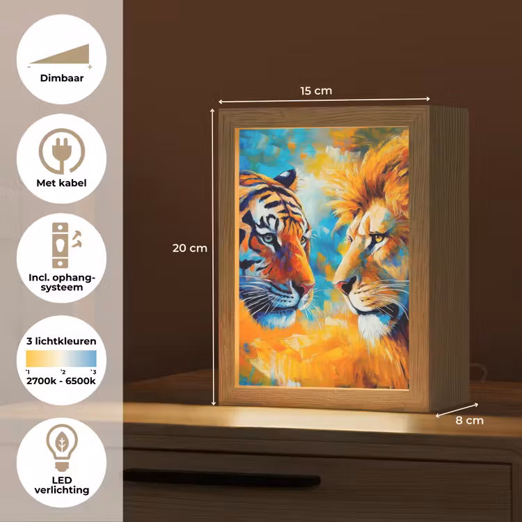 Dieren - Kunst - Leeuw - Tijger Light Box met kabel (Tafellamp) klein -USP_NL