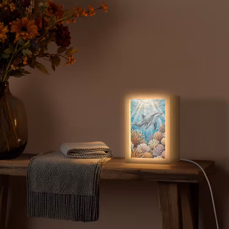 Dieren - Mozaïek - Oceaan - Koraal - Blauw Light Box met kabel (Tafellamp) klein -sfeer4