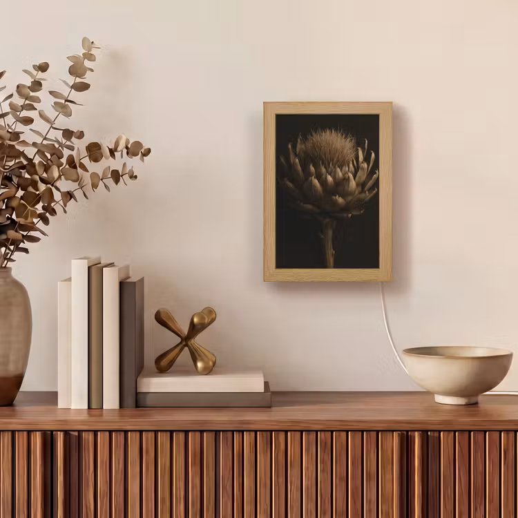 Donkerbruin - Bloem - Textuur - Artisjok Light Box met kabel (Tafellamp) klein -sfeer2