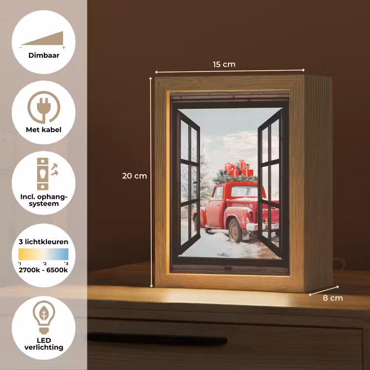 Doorkijk - Auto - Rood - Cadeaus - Winterlandschap - Kerst Light Box met kabel (Tafellamp) klein -USP_NL