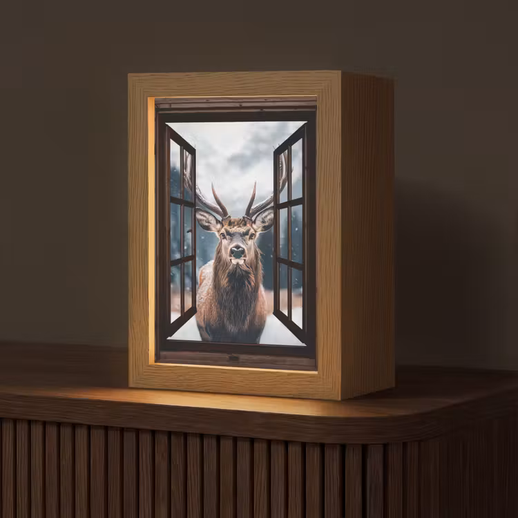 Doorkijk - Hert - Dieren - Landschap - Winter - Sneeuw - Landelijk Light Box met kabel (Tafellamp) klein -z3d_website