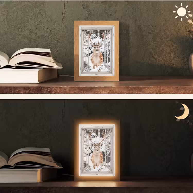 Doorkijk - Hert - Sneeuw - Winter - Bos - Dieren - Natuur Light Box met kabel (Tafellamp) klein -sfeer3