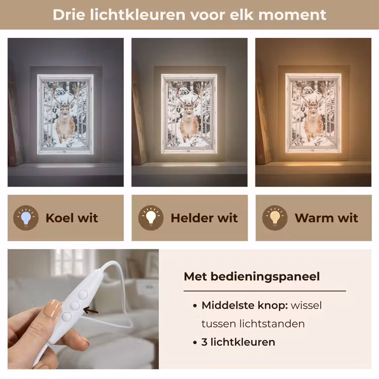 Doorkijk - Hert - Sneeuw - Winter - Bos - Dieren - Natuur Light Box met kabel (Tafellamp) klein -USP_lichtkleurNL