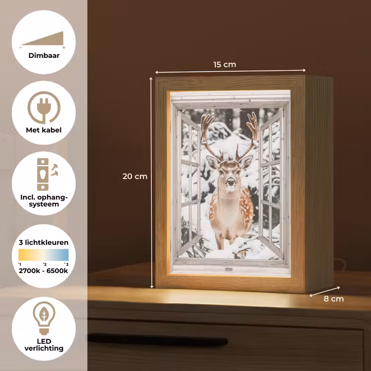 Doorkijk - Hert - Sneeuw - Winter - Bos - Dieren - Natuur Light Box met kabel (Tafellamp) klein -USP_NL