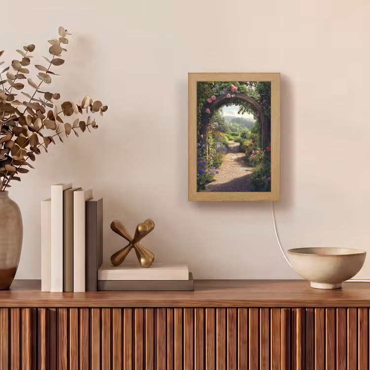 Doorkijk - Landschap - Bloemen - Rozenboog - Natuur Light Box met kabel (Tafellamp) klein -sfeer2
