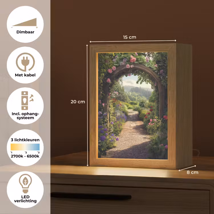 Doorkijk - Landschap - Bloemen - Rozenboog - Natuur Light Box met kabel (Tafellamp) klein -USP_NL