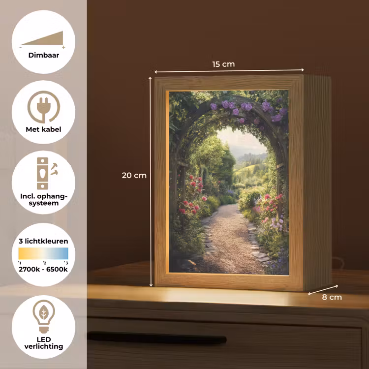 Doorkijk - Landschap - Bloemen - Tuinboog - Natuur Light Box met kabel (Tafellamp) klein -USP_NL
