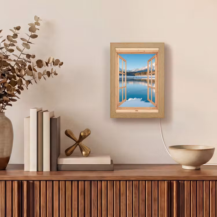 Doorkijk - Landschap - Winter - Meer - Bergen - Uitzicht Light Box met kabel (Tafellamp) klein -sfeer2