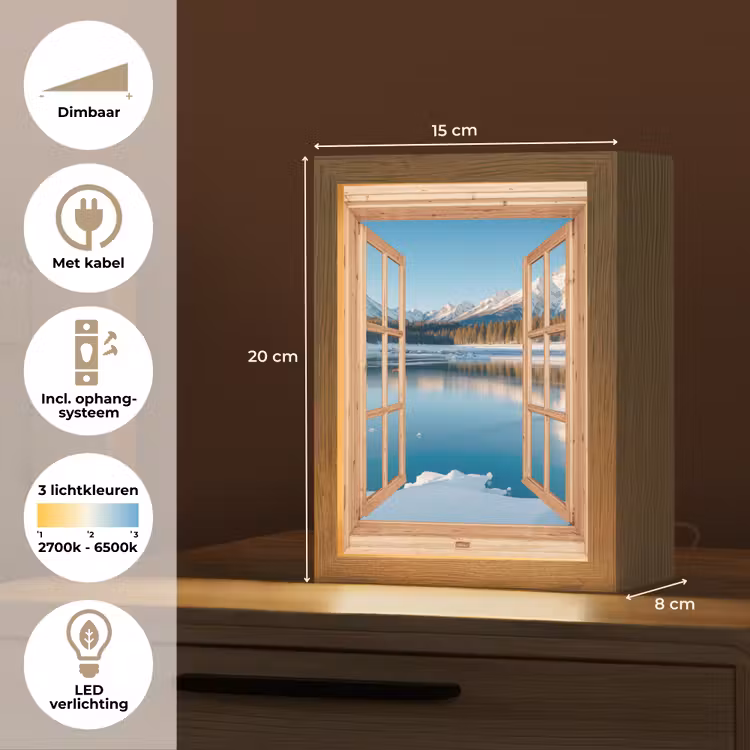 Doorkijk - Landschap - Winter - Meer - Bergen - Uitzicht Light Box met kabel (Tafellamp) klein -USP_NL