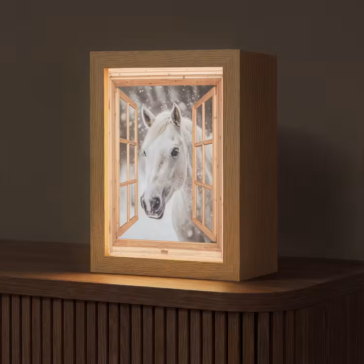 Doorkijk - Paard - Wit - Winter - Sneeuw - Dieren Light Box met kabel (Tafellamp) klein -z3d_website