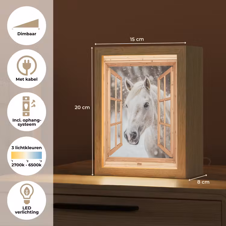 Doorkijk - Paard - Wit - Winter - Sneeuw - Dieren Light Box met kabel (Tafellamp) klein -USP_NL