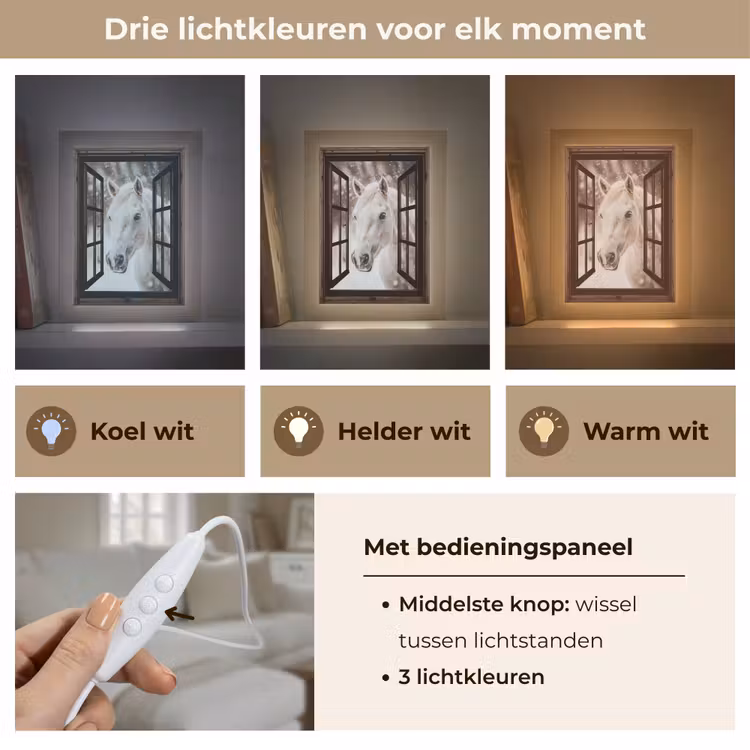 Doorkijk - Paard - Wit - Winterlandschap - Sneeuw Light Box met kabel (Tafellamp) klein -USP_lichtkleurNL
