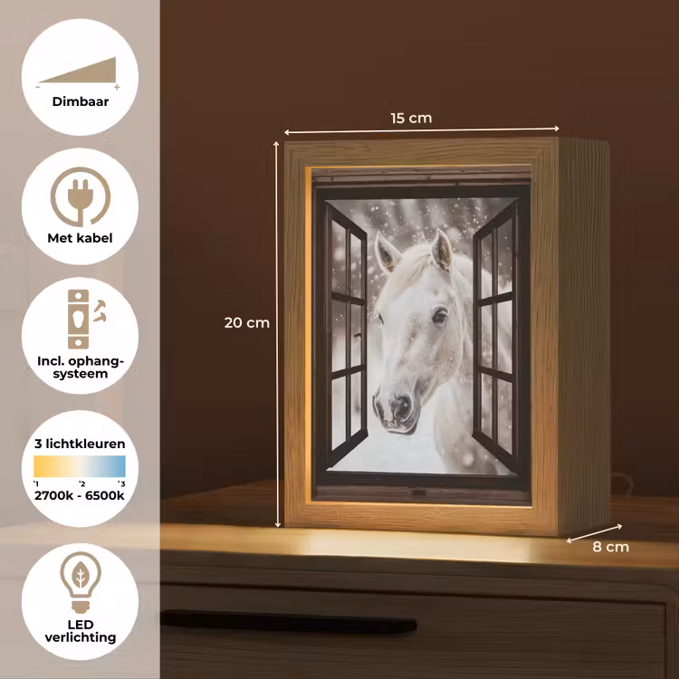 Doorkijk - Paard - Wit - Winterlandschap - Sneeuw Light Box met kabel (Tafellamp) klein -USP_NL