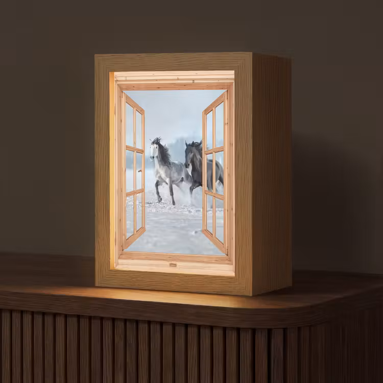 Doorkijk - Paarden - Winter - Dieren - Natuur - Hout Light Box met kabel (Tafellamp) klein -z3d_website