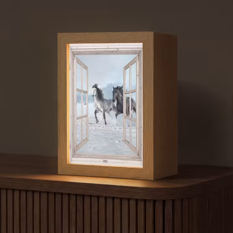 Doorkijk - Paarden - Winter - Dieren - Natuur - Wit Light Box met kabel (Tafellamp) klein -z3d_website