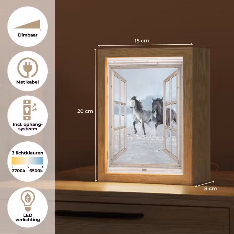 Doorkijk - Paarden - Winter - Dieren - Natuur - Wit Light Box met kabel (Tafellamp) klein -USP_NL