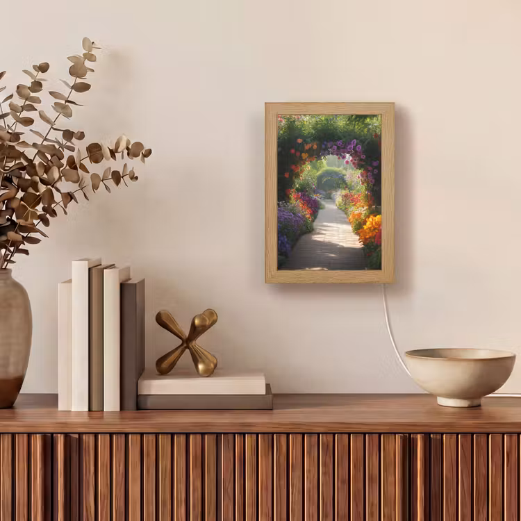 Doorkijk - Pad - Bloemen - Struik - Kleurrijk Light Box met kabel (Tafellamp) klein -sfeer2