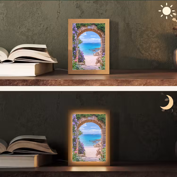 Doorkijk - Poort - Zee - Strand - Rotsen Light Box met kabel (Tafellamp) klein -sfeer3