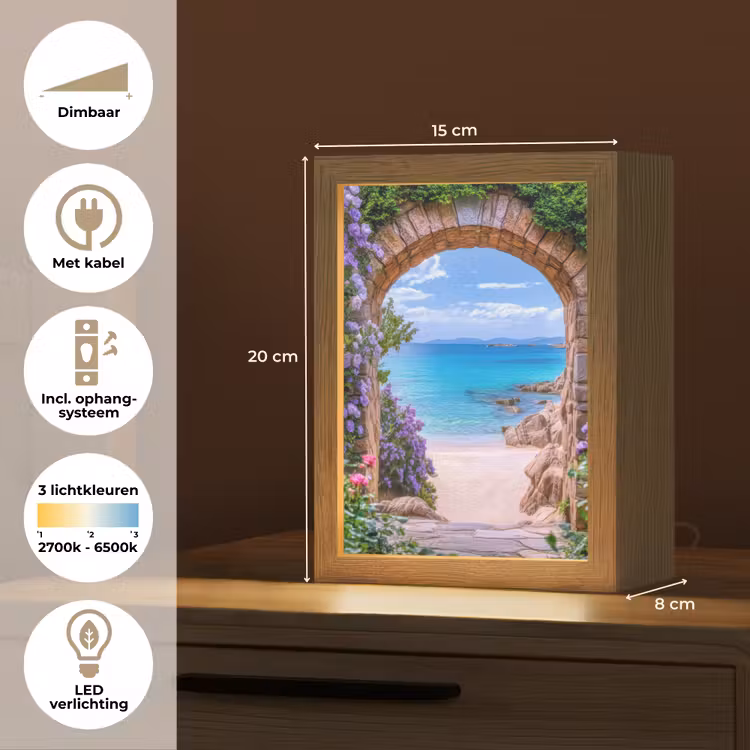 Doorkijk - Poort - Zee - Strand - Rotsen Light Box met kabel (Tafellamp) klein -USP_NL