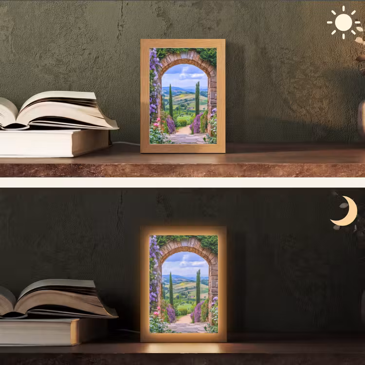 Doorkijk - Toscane - Landschap - Poort Light Box met kabel (Tafellamp) klein -sfeer3