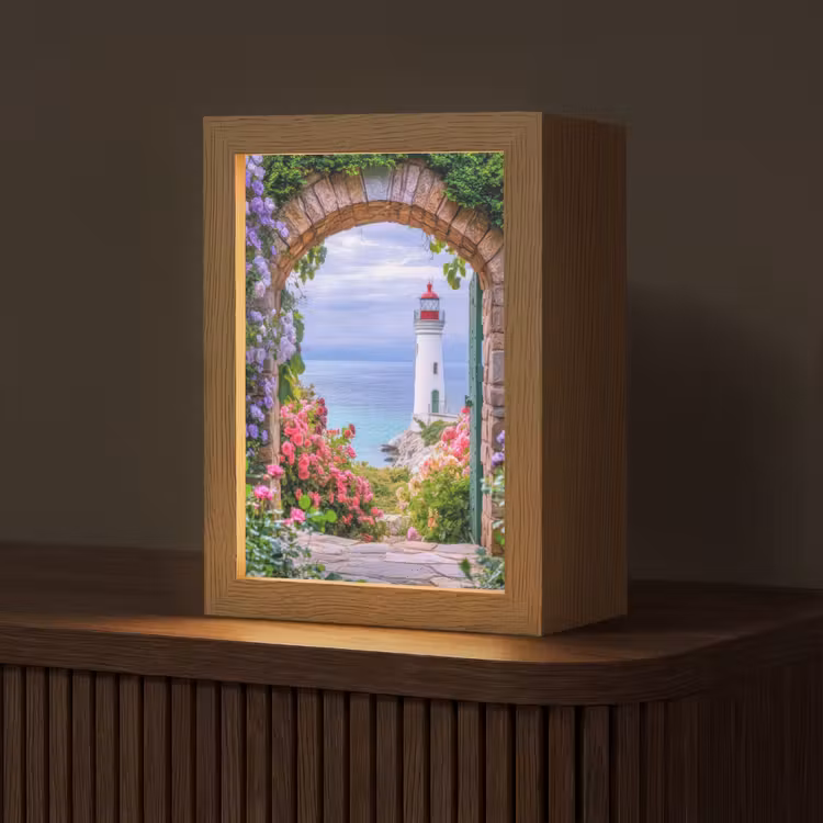 Doorkijk - Vuurtoren - Bloemen - Uitzicht Light Box met kabel (Tafellamp) klein -z3d_website