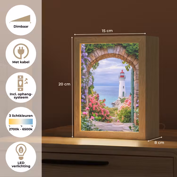 Doorkijk - Vuurtoren - Bloemen - Uitzicht Light Box met kabel (Tafellamp) klein -USP_NL