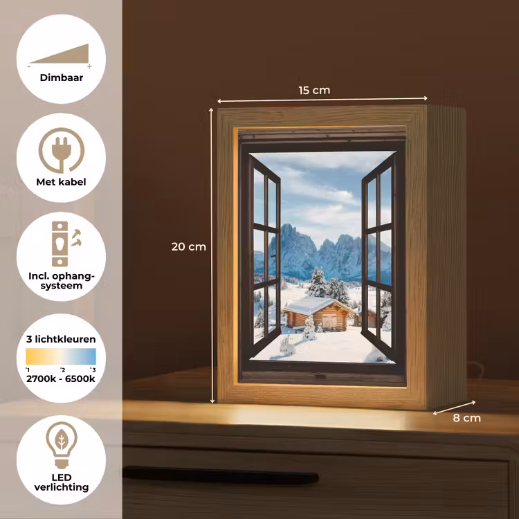 Doorkijk - Winter - Landschap - Huisje - Bergen Light Box met kabel (Tafellamp) klein -USP_NL