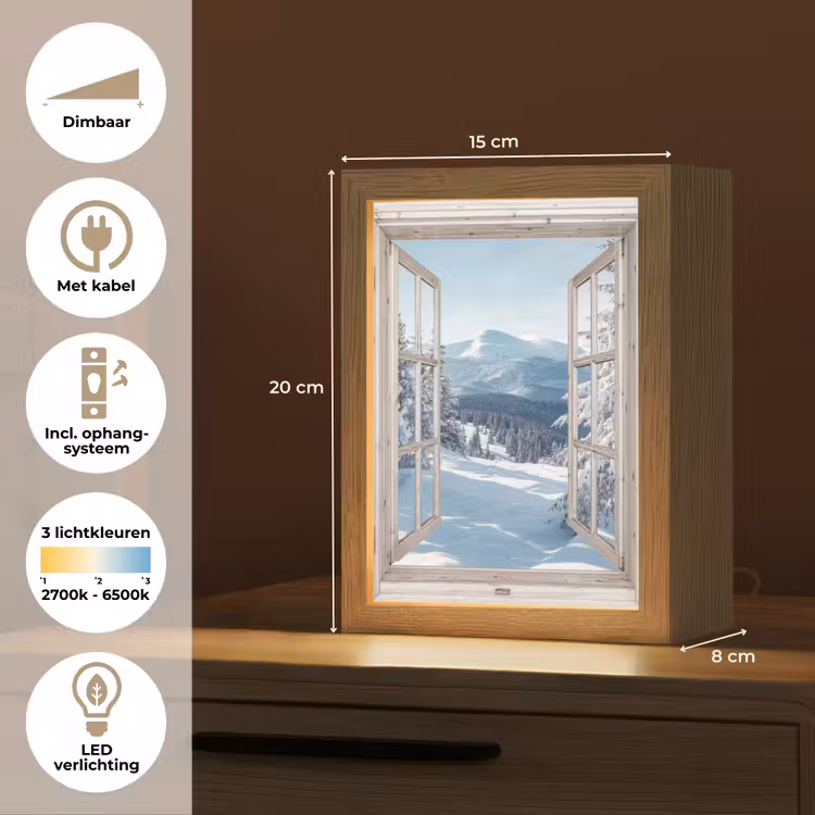 Doorkijk - Winter - Landschap - Natuur - Berg - Bomen - Wit Light Box met kabel (Tafellamp) klein -USP_NL