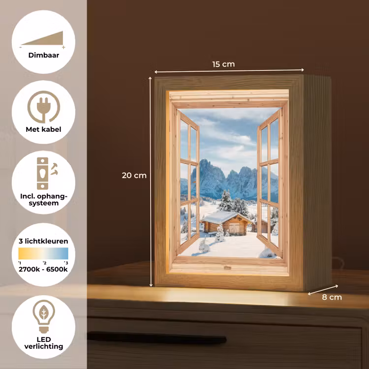 Doorkijk - Winterlandschap - Huisje - Bergen - Uitzicht Light Box met kabel (Tafellamp) klein -USP_NL