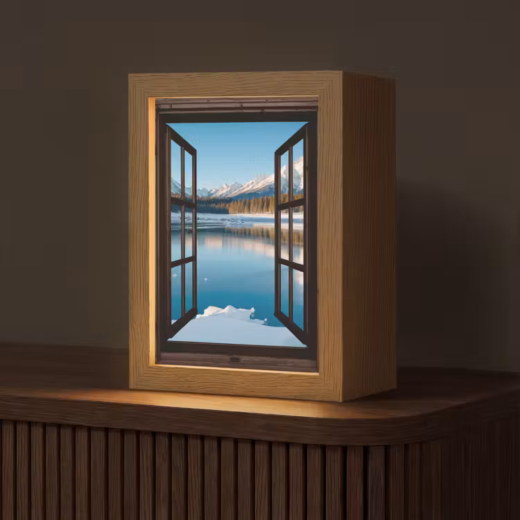 Doorkijk - Winterlandschap - Meer - Bergen - Uitzicht Light Box met kabel (Tafellamp) klein -z3d_website
