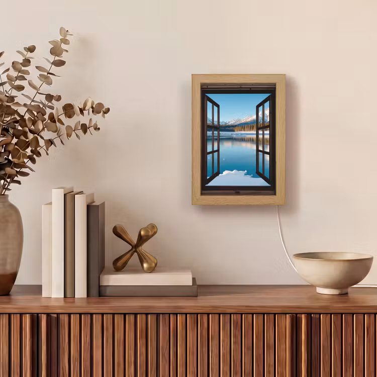 Doorkijk - Winterlandschap - Meer - Bergen - Uitzicht Light Box met kabel (Tafellamp) klein -sfeer2