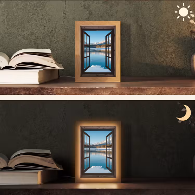 Doorkijk - Winterlandschap - Meer - Bergen - Uitzicht Light Box met kabel (Tafellamp) klein -sfeer3