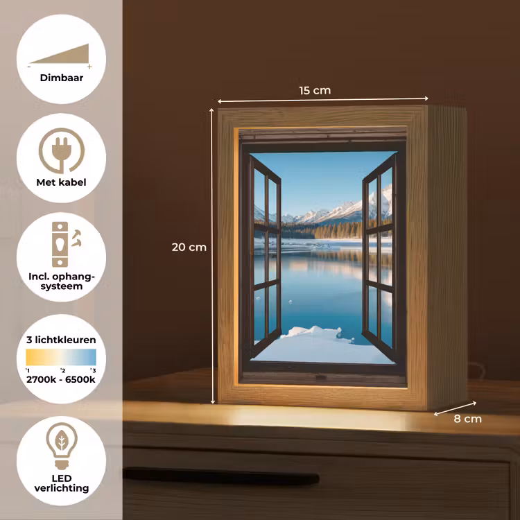 Doorkijk - Winterlandschap - Meer - Bergen - Uitzicht Light Box met kabel (Tafellamp) klein -USP_NL
