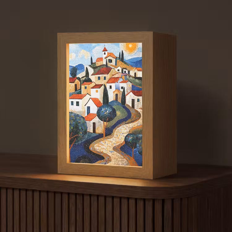 Dorp - Heuvelachtig - Zon - Mozaïek Light Box met kabel (Tafellamp) klein -z3d_website