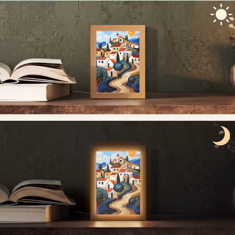 Dorp - Heuvelachtig - Zon - Mozaïek Light Box met kabel (Tafellamp) klein -sfeer3